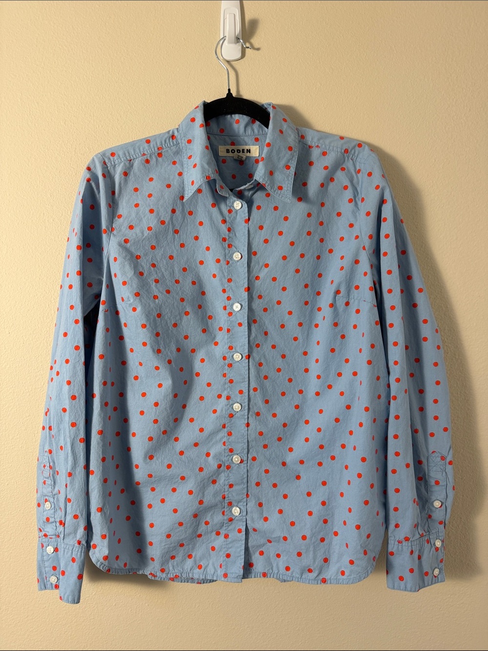 Boden Sienna Polka Dot Button Down Collared Top Shirt Light Blue Red Size 10R - Picture 3 of 12